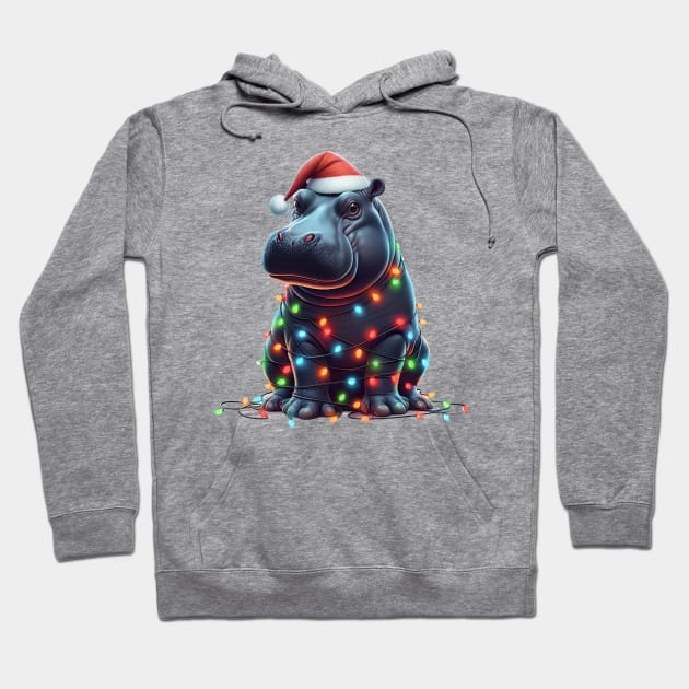 Hippo Wrapped in Christmas Lights Hoodie by Chromatic Fusion Studio